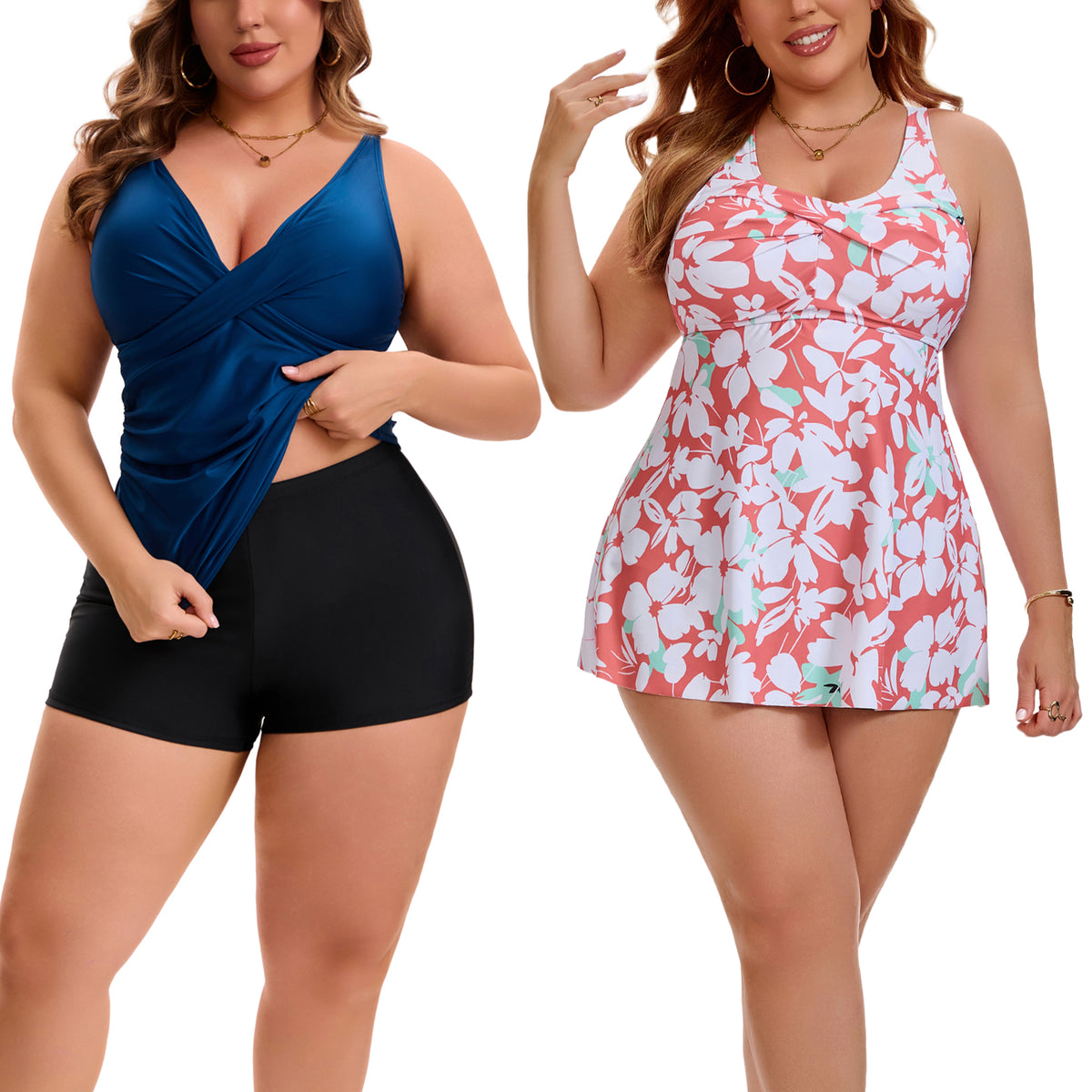 [PACK SALES] Women's Plus Size 2 Sets Bathing Suit Ruched Tankini Top Adjustable Straps Beach Pool Swimwear Set with Board Shorts