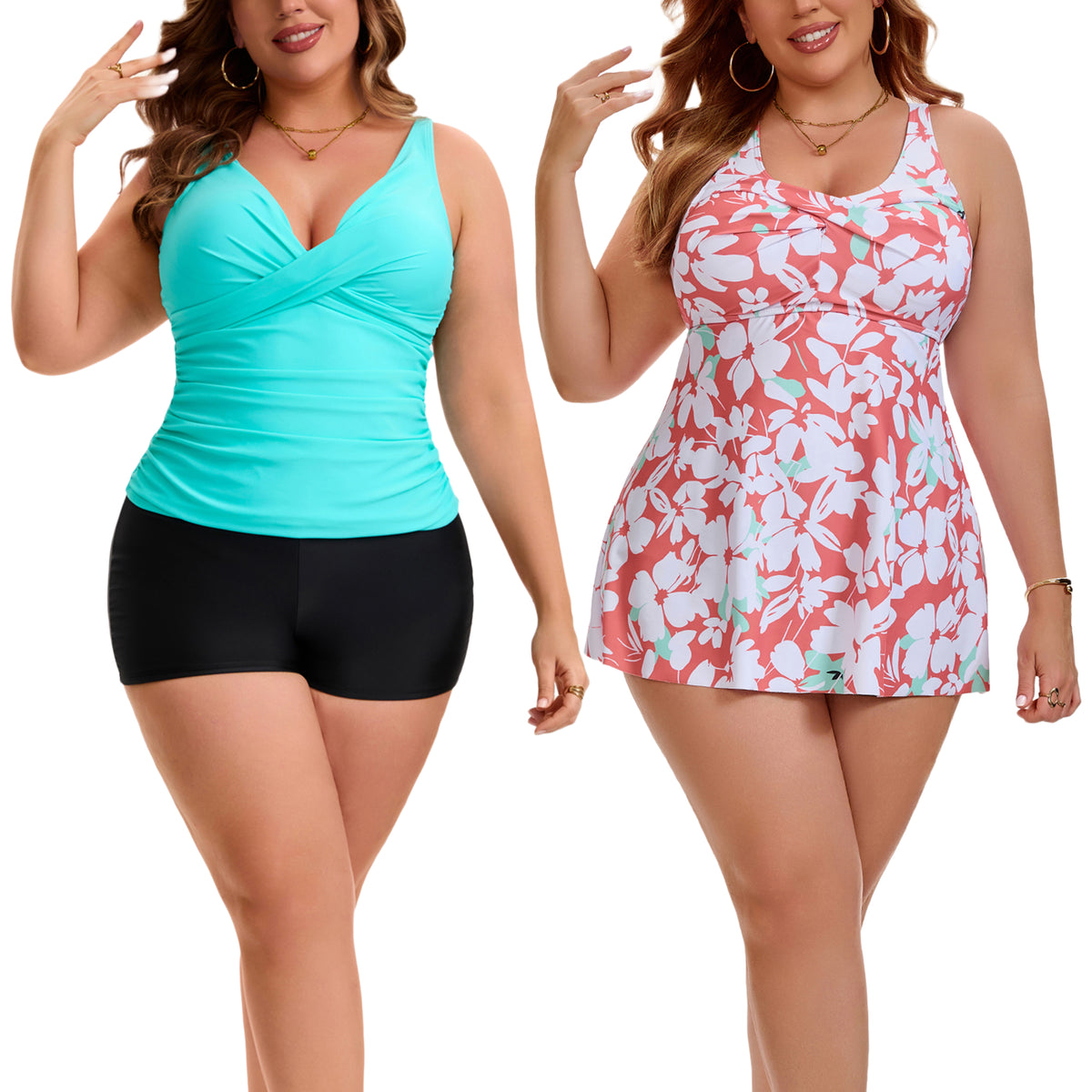 [PACK SALES] Women's Plus Size 2 Sets Bathing Suit Ruched Tankini Top Adjustable Straps Beach Pool Swimwear Set with Board Shorts