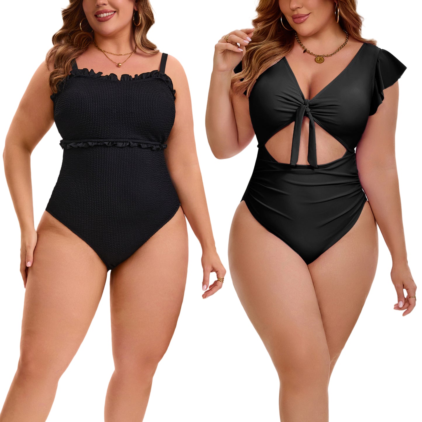 [PACK SALES] Women's Plus Size 2 Pieces Swimwear Set Ribbed Monikini Texture Back Tie Bathing Suit and Tie Front Shirring Short Sleeve Beach Swimsuit