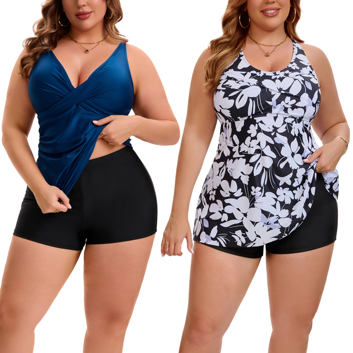 [PACK SALES] Women's Plus Size 2 Sets Bathing Suit Ruched Tankini Top Adjustable Straps Beach Pool Swimwear Set with Board Shorts