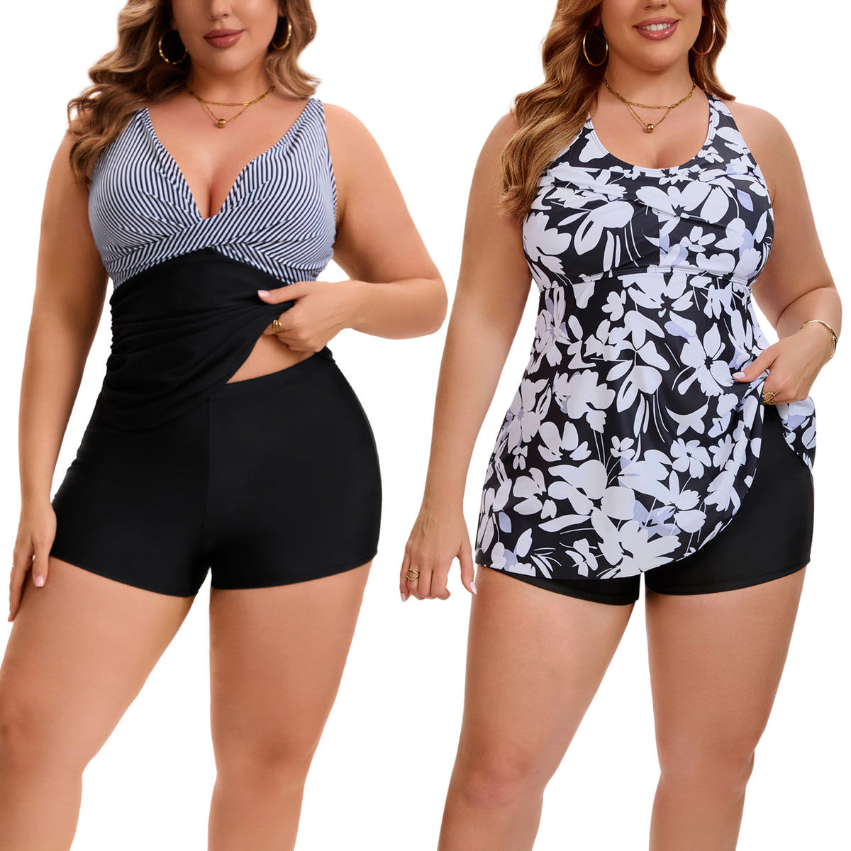 [PACK SALES] Women's Plus Size 2 Sets Bathing Suit Ruched Tankini Top Adjustable Straps Beach Pool Swimwear Set with Board Shorts