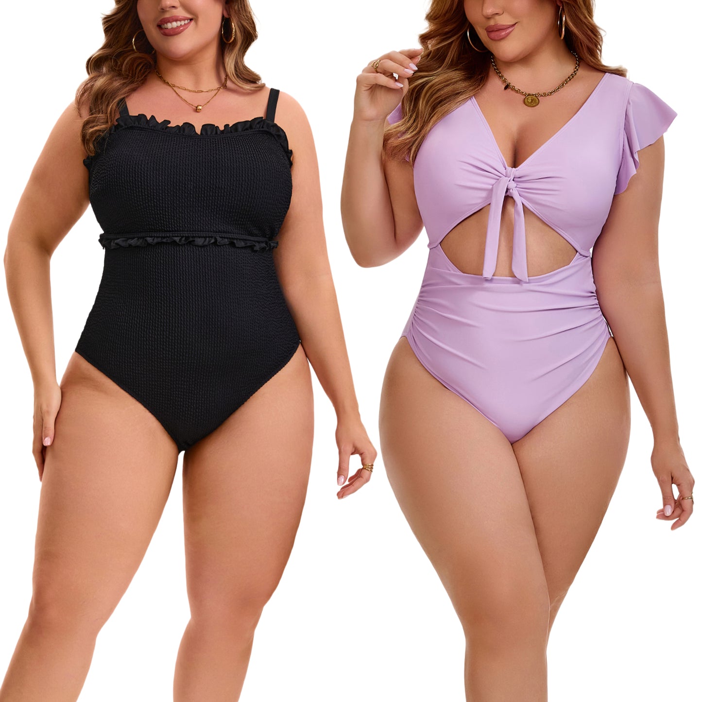 [PACK SALES] Women's Plus Size 2 Pieces Swimwear Set Ribbed Monikini Texture Back Tie Bathing Suit and Tie Front Shirring Short Sleeve Beach Swimsuit