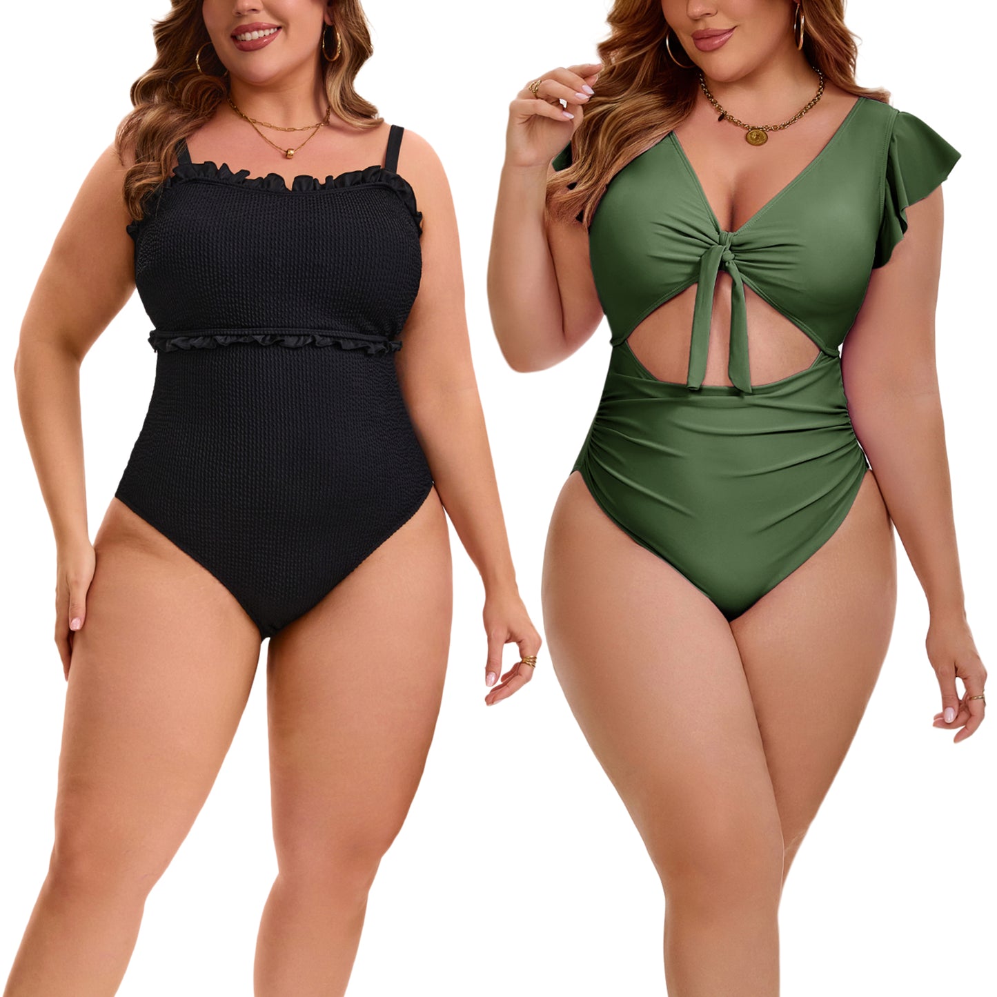 [PACK SALES] Women's Plus Size 2 Pieces Swimwear Set Ribbed Monikini Texture Back Tie Bathing Suit and Tie Front Shirring Short Sleeve Beach Swimsuit