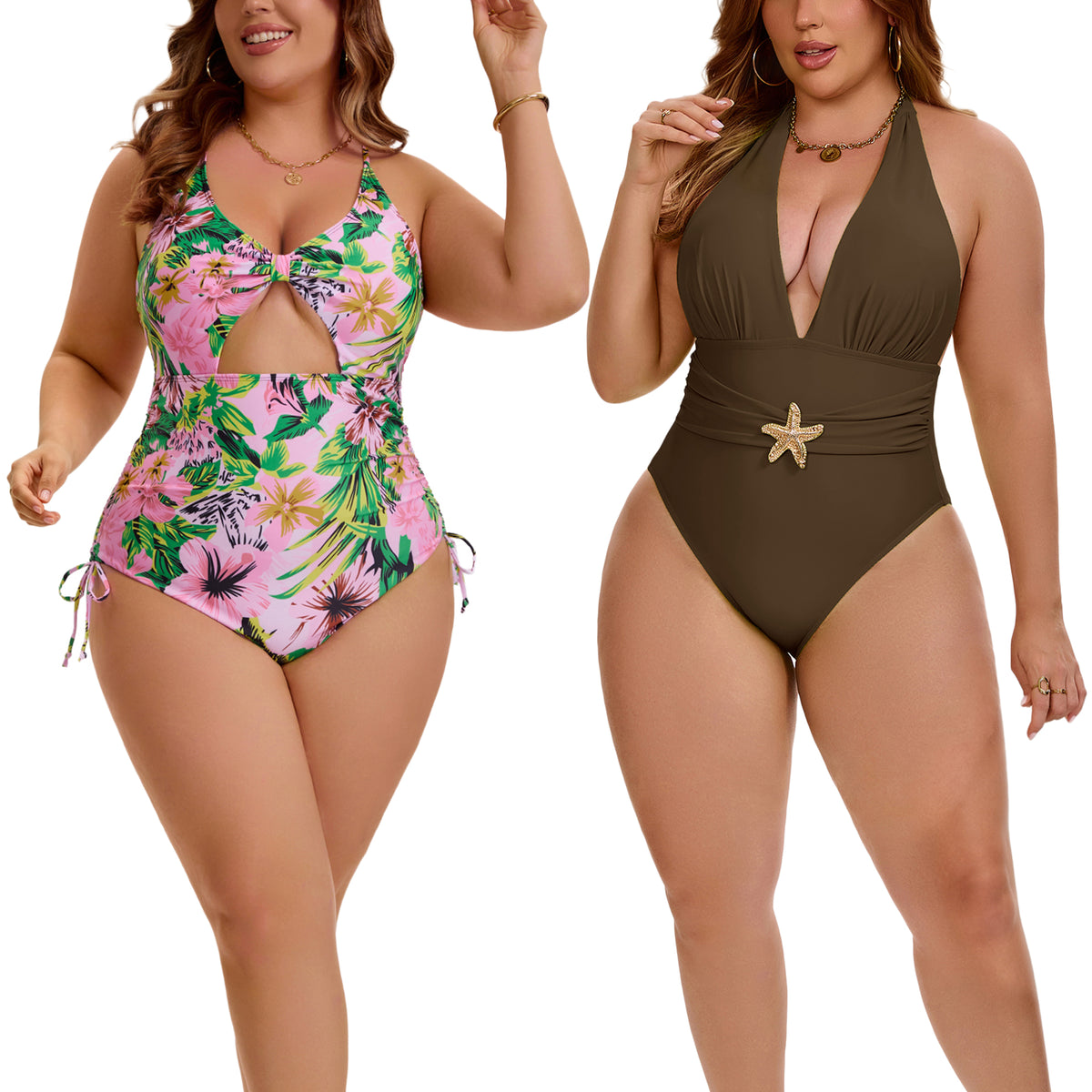 [PACK SALES] Women's Plus Size 2 Pieces Swimsuits V Neck Open Back Removable Bra Pads Bathing Suit Swimwear