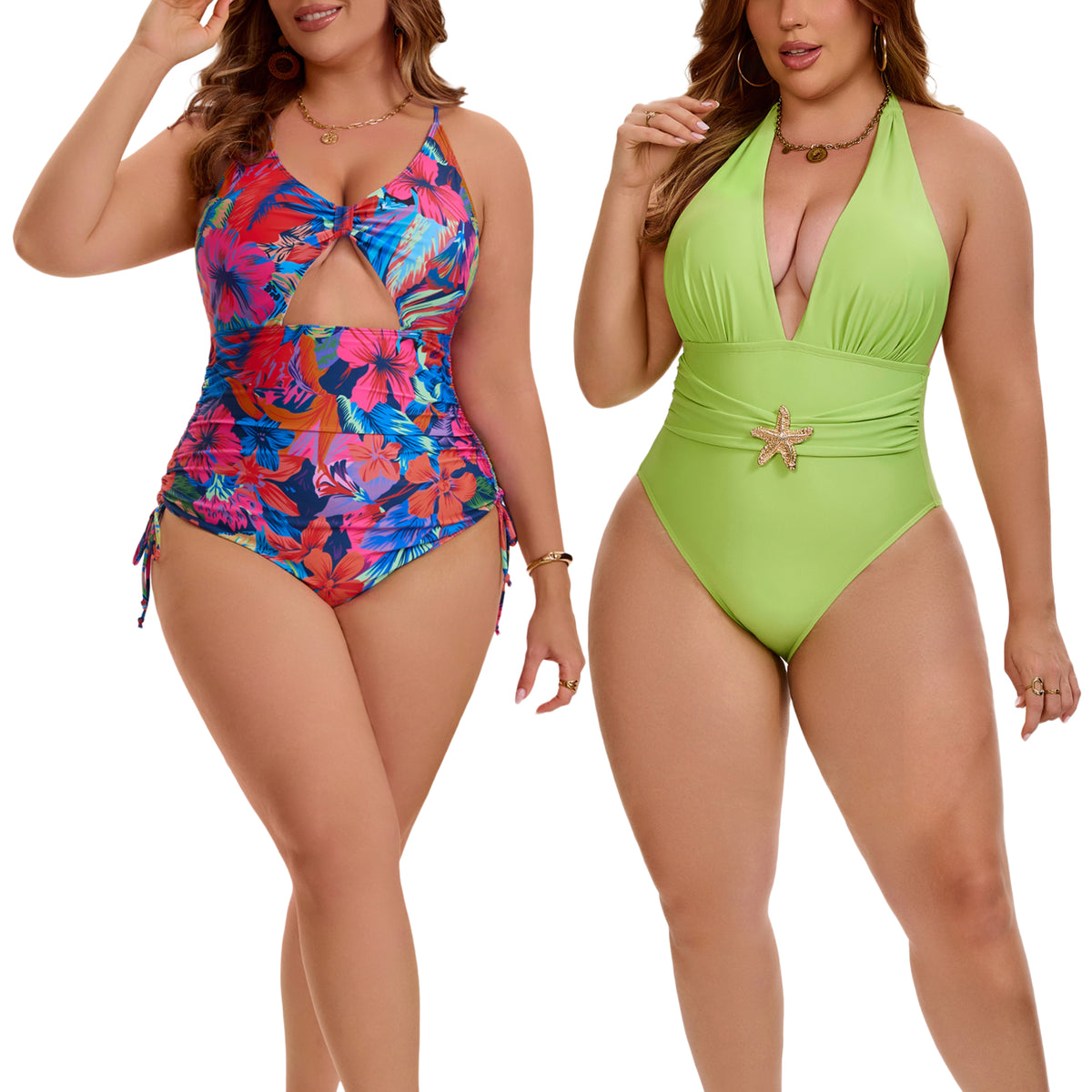 [PACK SALES] Women's Plus Size 2 Pieces Swimsuits V Neck Open Back Removable Bra Pads Bathing Suit Swimwear