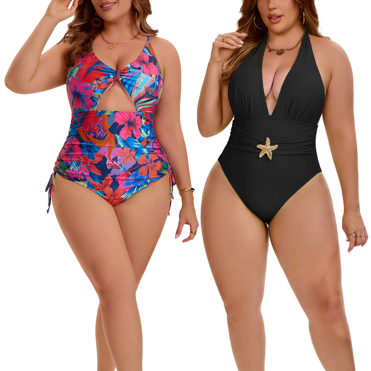 [PACK SALES] Women's Plus Size 2 Pieces Swimsuits V Neck Open Back Removable Bra Pads Bathing Suit Swimwear