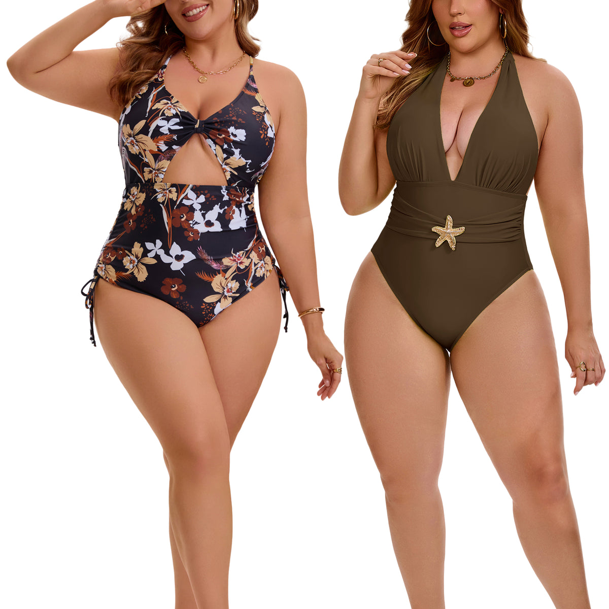 [PACK SALES] Women's Plus Size 2 Pieces Swimsuits V Neck Open Back Removable Bra Pads Bathing Suit Swimwear