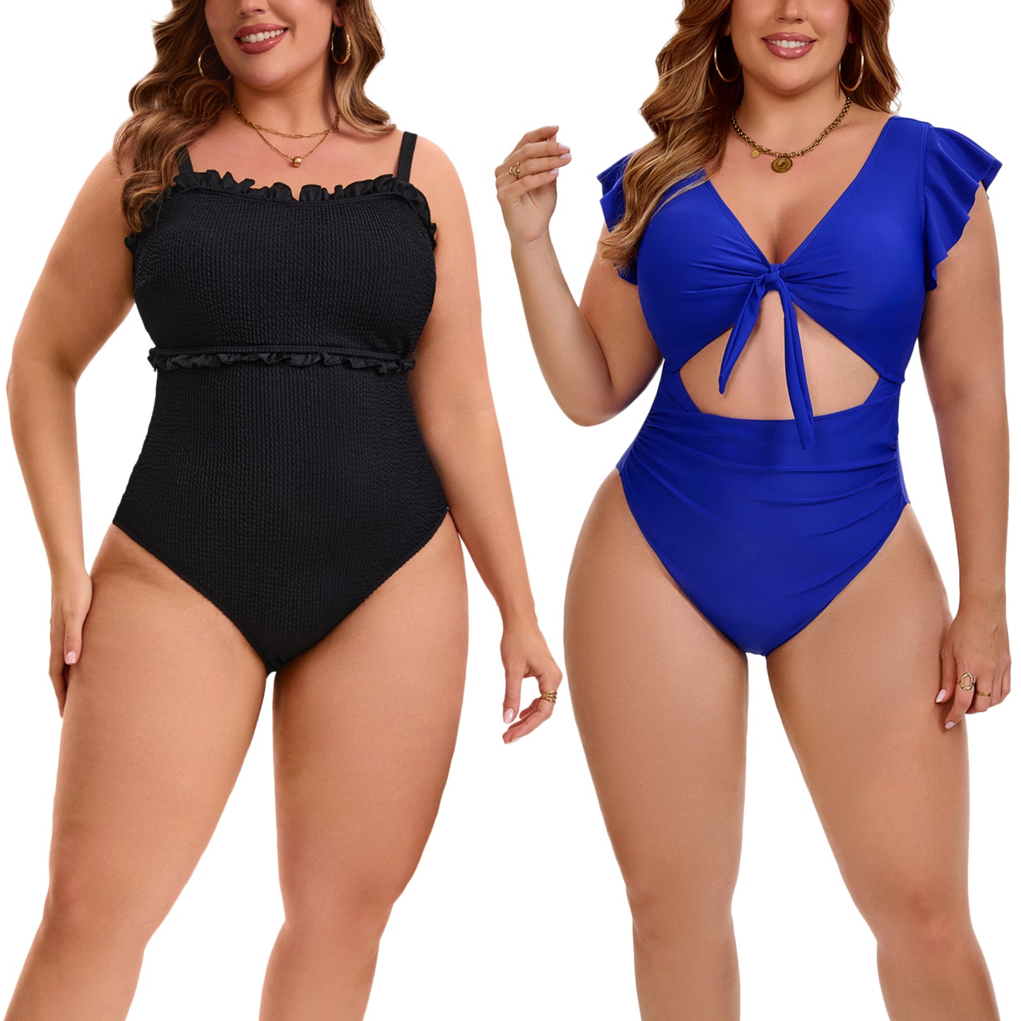 [PACK SALES] Women's Plus Size 2 Pieces Swimwear Set Ribbed Monikini Texture Back Tie Bathing Suit and Tie Front Shirring Short Sleeve Beach Swimsuit