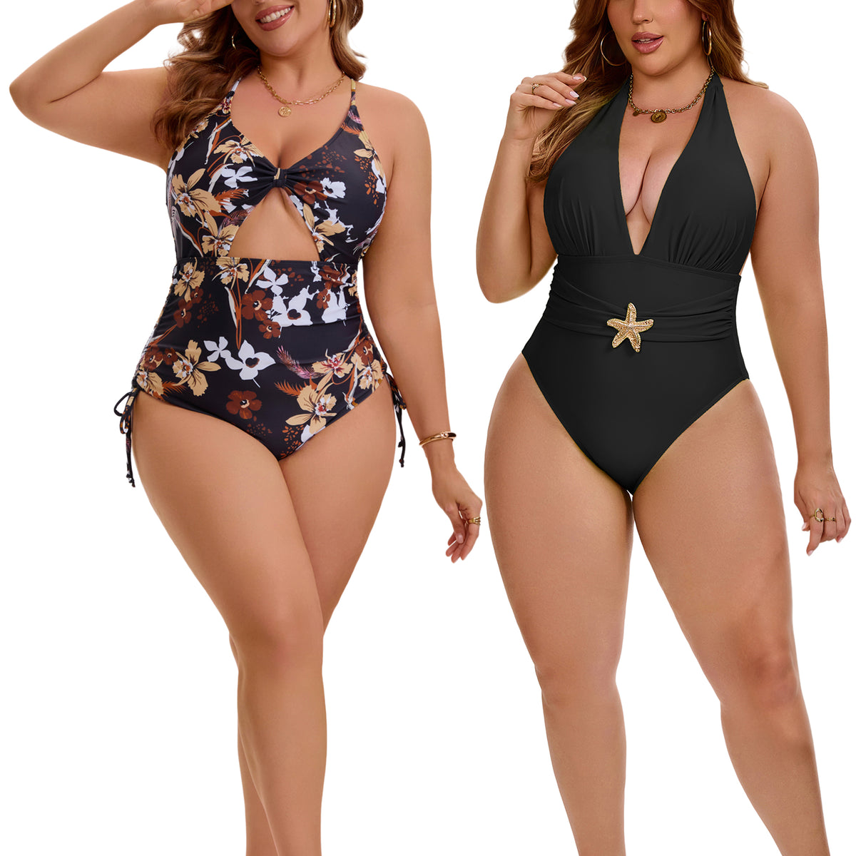 [PACK SALES] Women's Plus Size 2 Pieces Swimsuits V Neck Open Back Removable Bra Pads Bathing Suit Swimwear