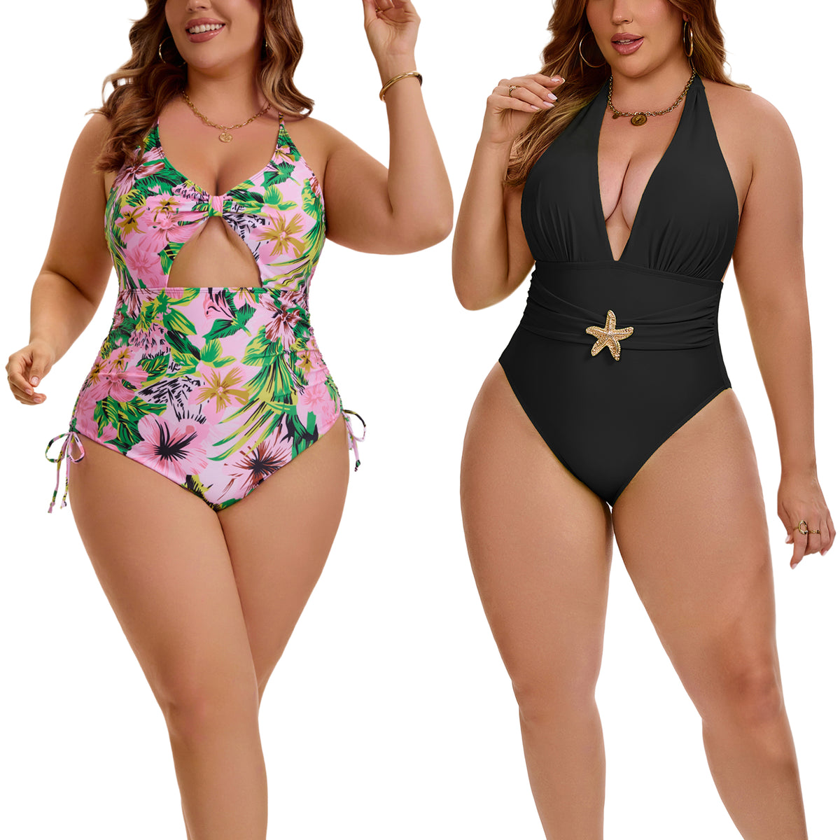[PACK SALES] Women's Plus Size 2 Pieces Swimsuits V Neck Open Back Removable Bra Pads Bathing Suit Swimwear
