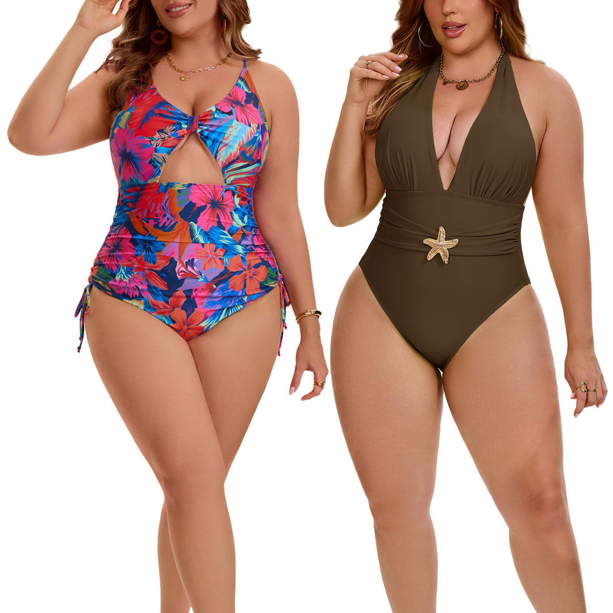 [PACK SALES] Women's Plus Size 2 Pieces Swimsuits V Neck Open Back Removable Bra Pads Bathing Suit Swimwear