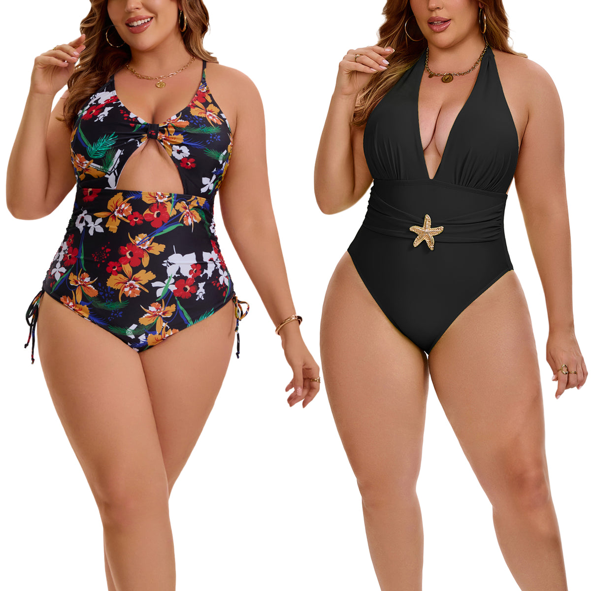 [PACK SALES] Women's Plus Size 2 Pieces Swimsuits V Neck Open Back Removable Bra Pads Bathing Suit Swimwear