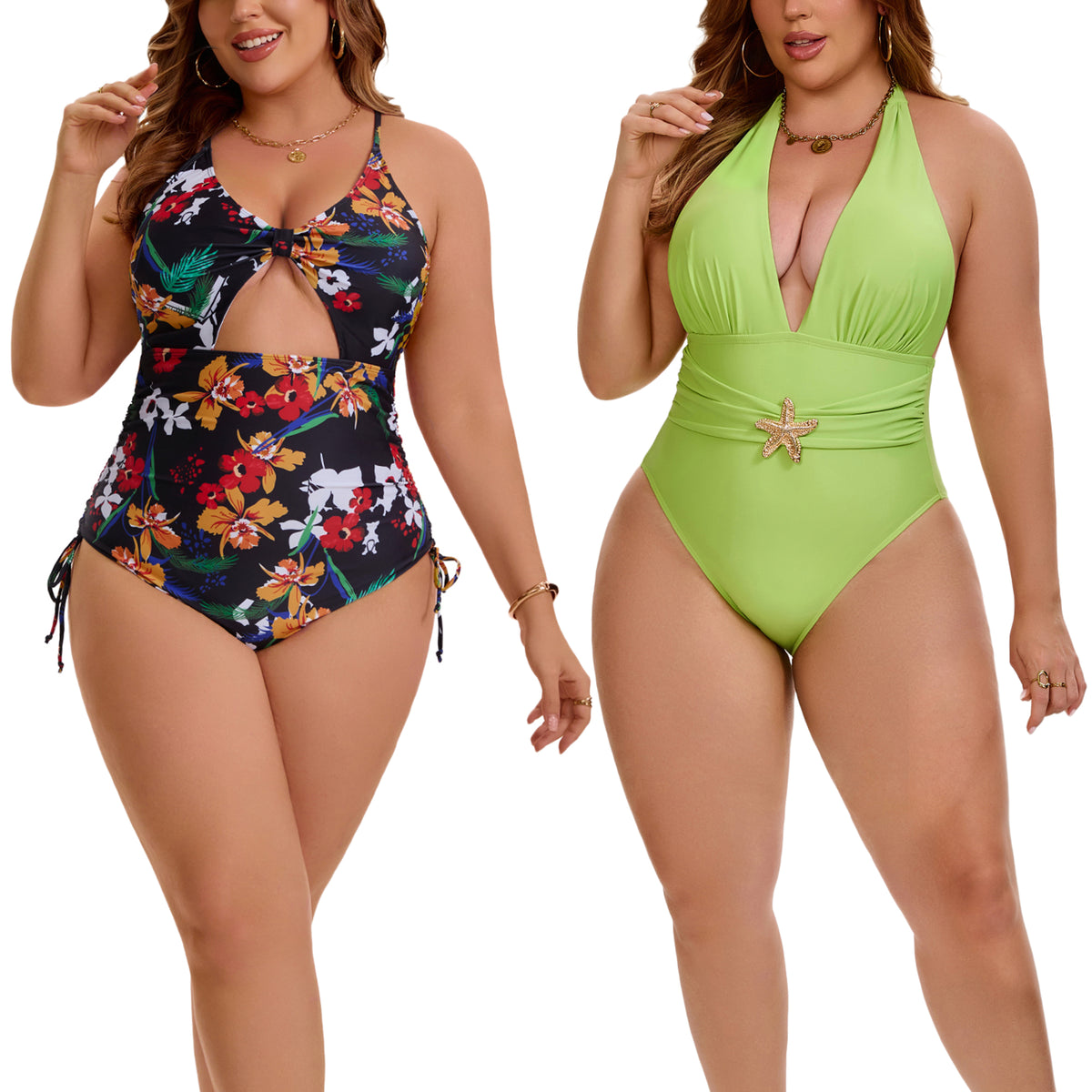 [PACK SALES] Women's Plus Size 2 Pieces Swimsuits V Neck Open Back Removable Bra Pads Bathing Suit Swimwear