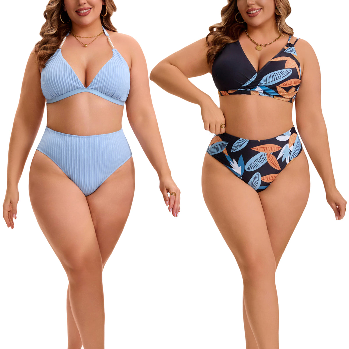 [PACK SALES] Women's Plus Size 2 Sets Bathing Swimsuits Top with High Waisted Shorts Bikini Sets