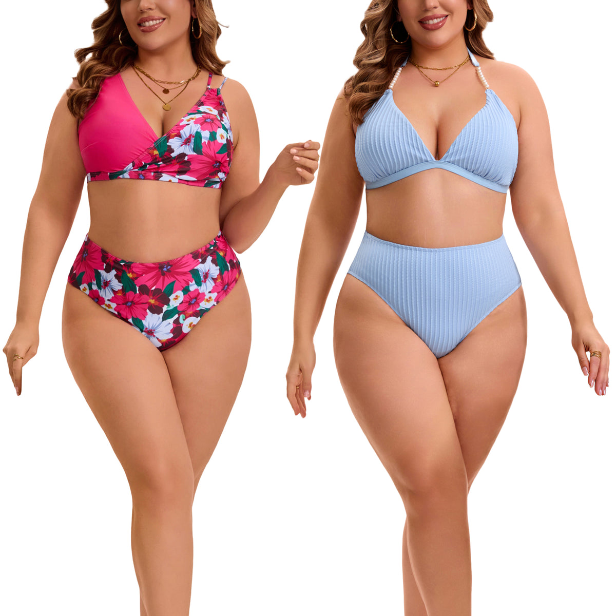 [PACK SALES] Women's Plus Size 2 Sets Bathing Swimsuits Top with High Waisted Shorts Bikini Sets