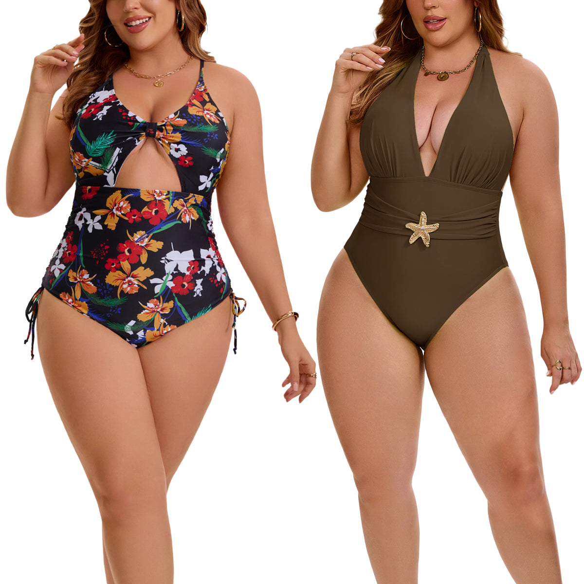 [PACK SALES] Women's Plus Size 2 Pieces Swimsuits V Neck Open Back Removable Bra Pads Bathing Suit Swimwear
