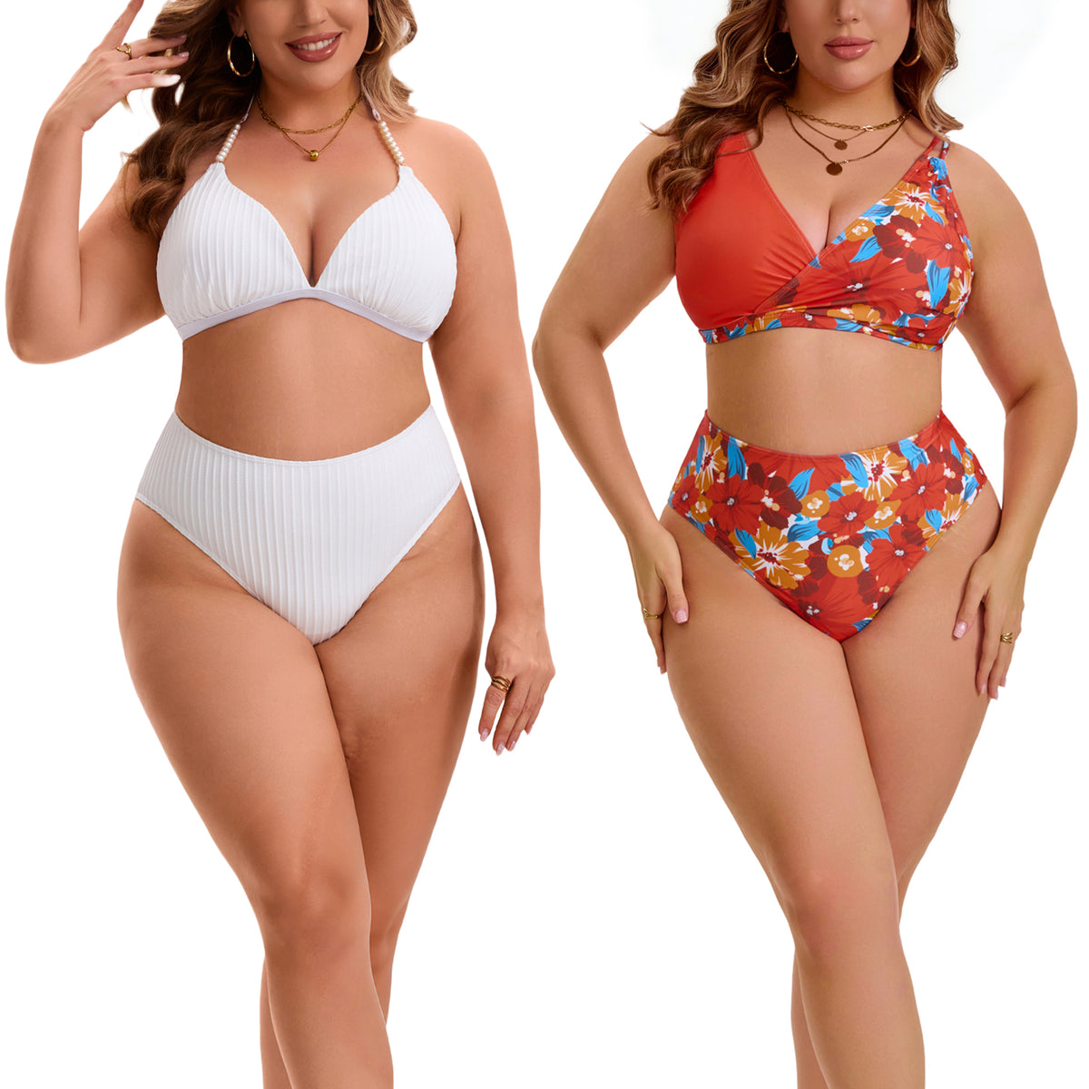 [PACK SALES] Women's Plus Size 2 Sets Bathing Swimsuits Top with High Waisted Shorts Bikini Sets