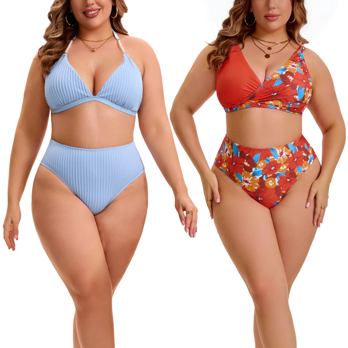 [PACK SALES] Women's Plus Size 2 Sets Bathing Swimsuits Top with High Waisted Shorts Bikini Sets