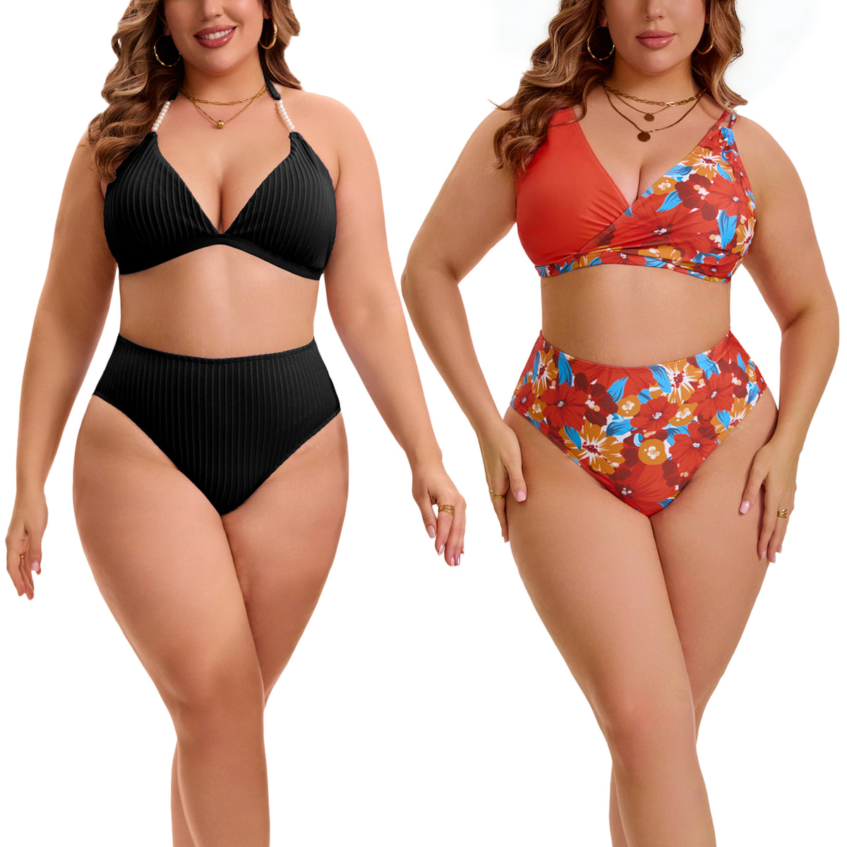 [PACK SALES] Women's Plus Size 2 Sets Bathing Swimsuits Top with High Waisted Shorts Bikini Sets