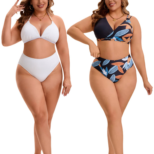 [PACK SALES] Women's Plus Size 2 Sets Bathing Swimsuits Top with High Waisted Shorts Bikini Sets