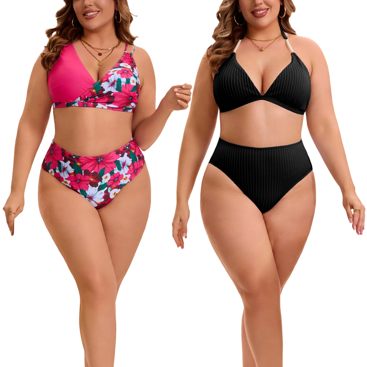 [PACK SALES] Women's Plus Size 2 Sets Bathing Swimsuits Top with High Waisted Shorts Bikini Sets