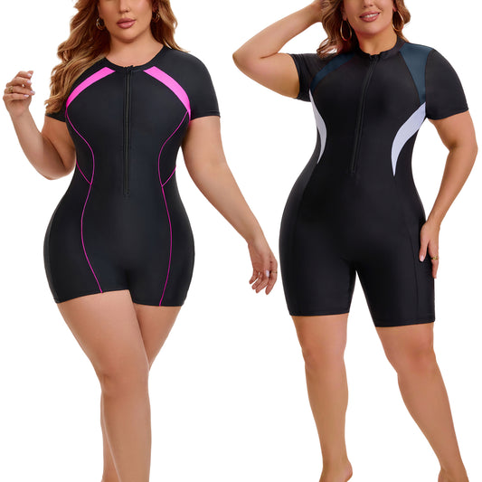 [PACK SALES] Women's Plus Size 2 Pieces Surfing Swimwear Boyleg Rash Guard Short Sleeves Half Zipper Beach Summer One-Piece Swimsuits