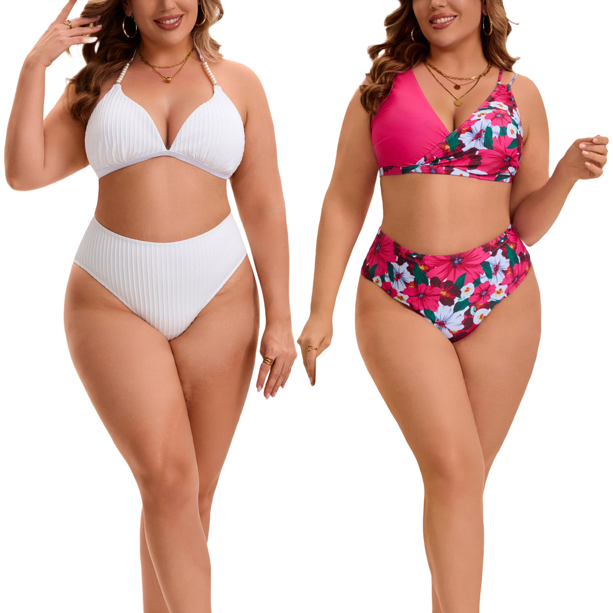 [PACK SALES] Women's Plus Size 2 Sets Bathing Swimsuits Top with High Waisted Shorts Bikini Sets