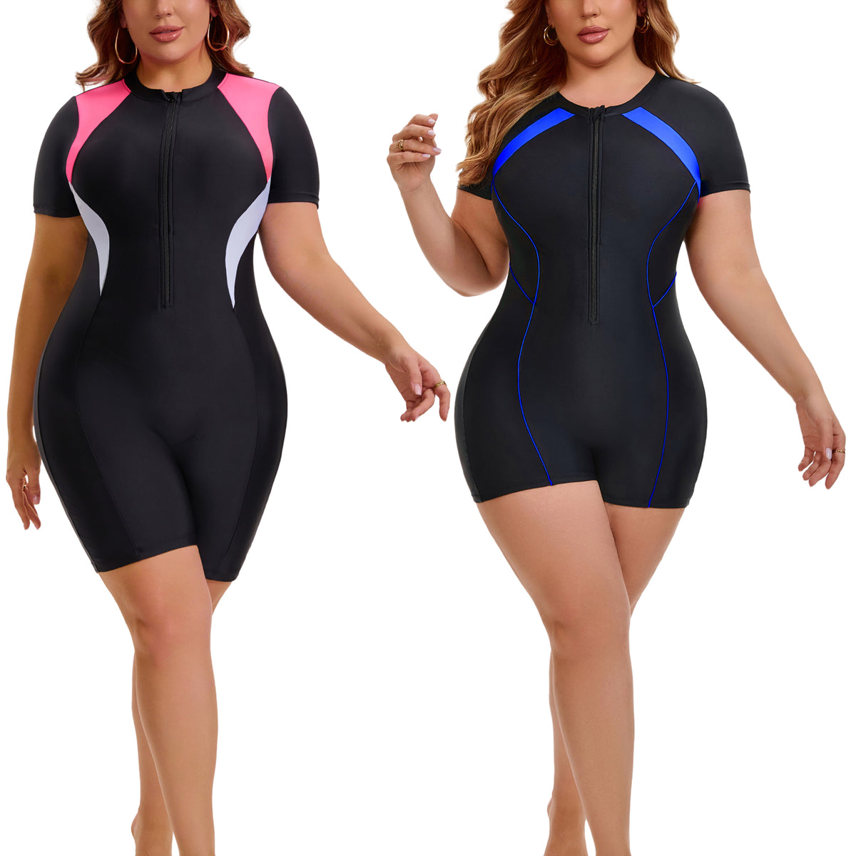 [PACK SALES] Women's Plus Size 2 Pieces Surfing Swimwear Boyleg Rash Guard Short Sleeves Half Zipper Beach Summer One-Piece Swimsuits