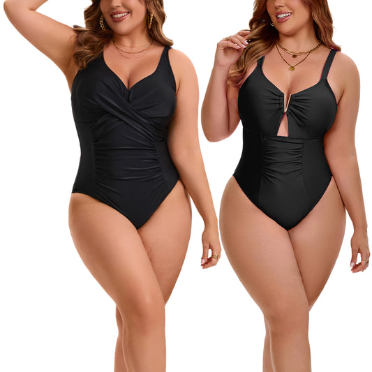 [PACK SALES] Women's Plus Size 2 Pieces One-Piece Swimwear V-Neck Push Up Ruched Beach Bathing Suit