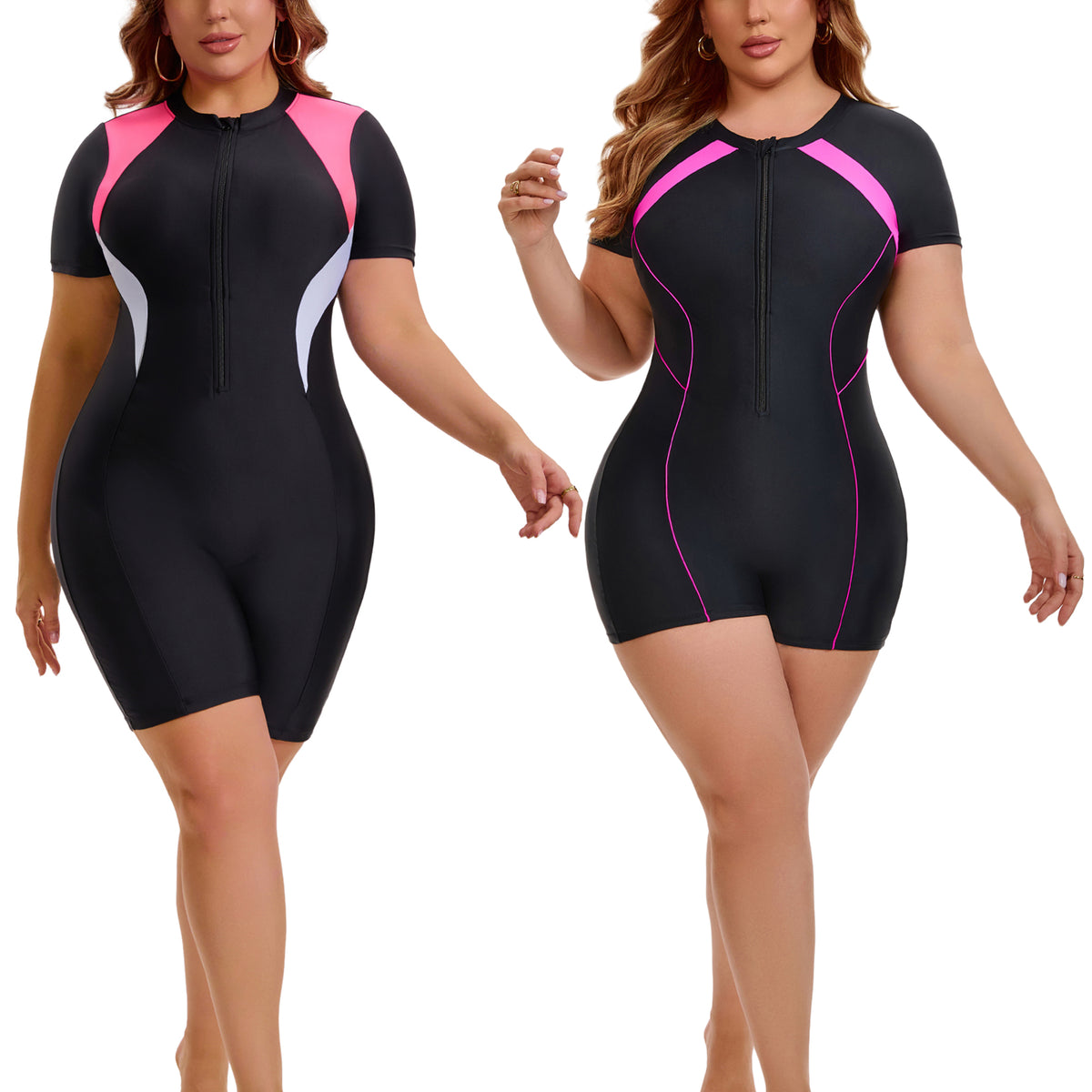 [PACK SALES] Women's Plus Size 2 Pieces Surfing Swimwear Boyleg Rash Guard Short Sleeves Half Zipper Beach Summer One-Piece Swimsuits