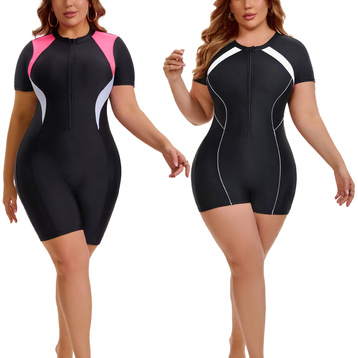 [PACK SALES] Women's Plus Size 2 Pieces Surfing Swimwear Boyleg Rash Guard Short Sleeves Half Zipper Beach Summer One-Piece Swimsuits