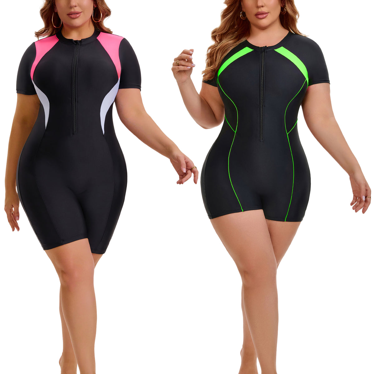 [PACK SALES] Women's Plus Size 2 Pieces Surfing Swimwear Boyleg Rash Guard Short Sleeves Half Zipper Beach Summer One-Piece Swimsuits