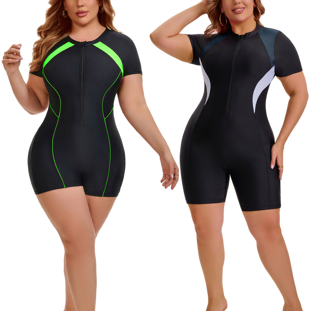 [PACK SALES] Women's Plus Size 2 Pieces Surfing Swimwear Boyleg Rash Guard Short Sleeves Half Zipper Beach Summer One-Piece Swimsuits