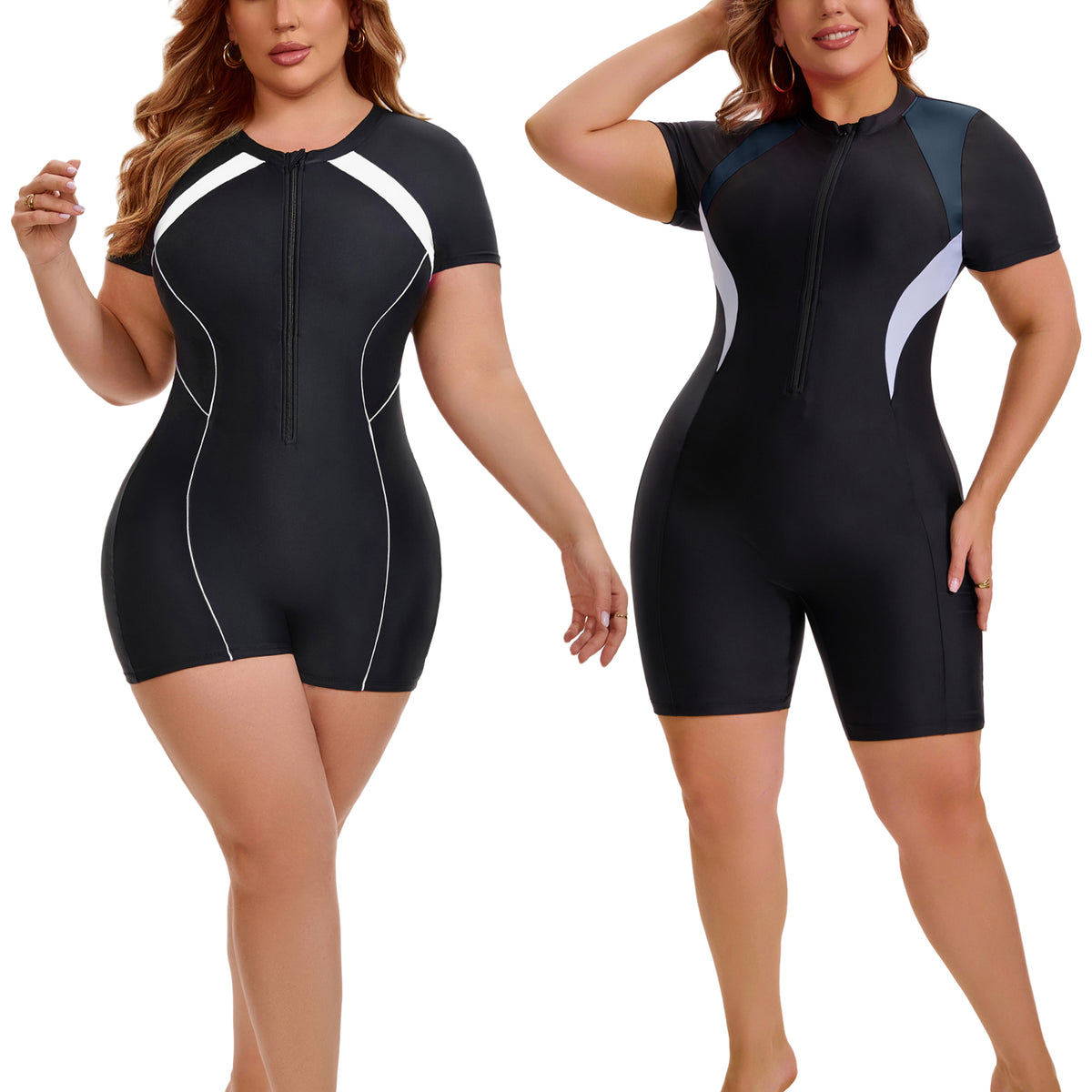 [PACK SALES] Women's Plus Size 2 Pieces Surfing Swimwear Boyleg Rash Guard Short Sleeves Half Zipper Beach Summer One-Piece Swimsuits
