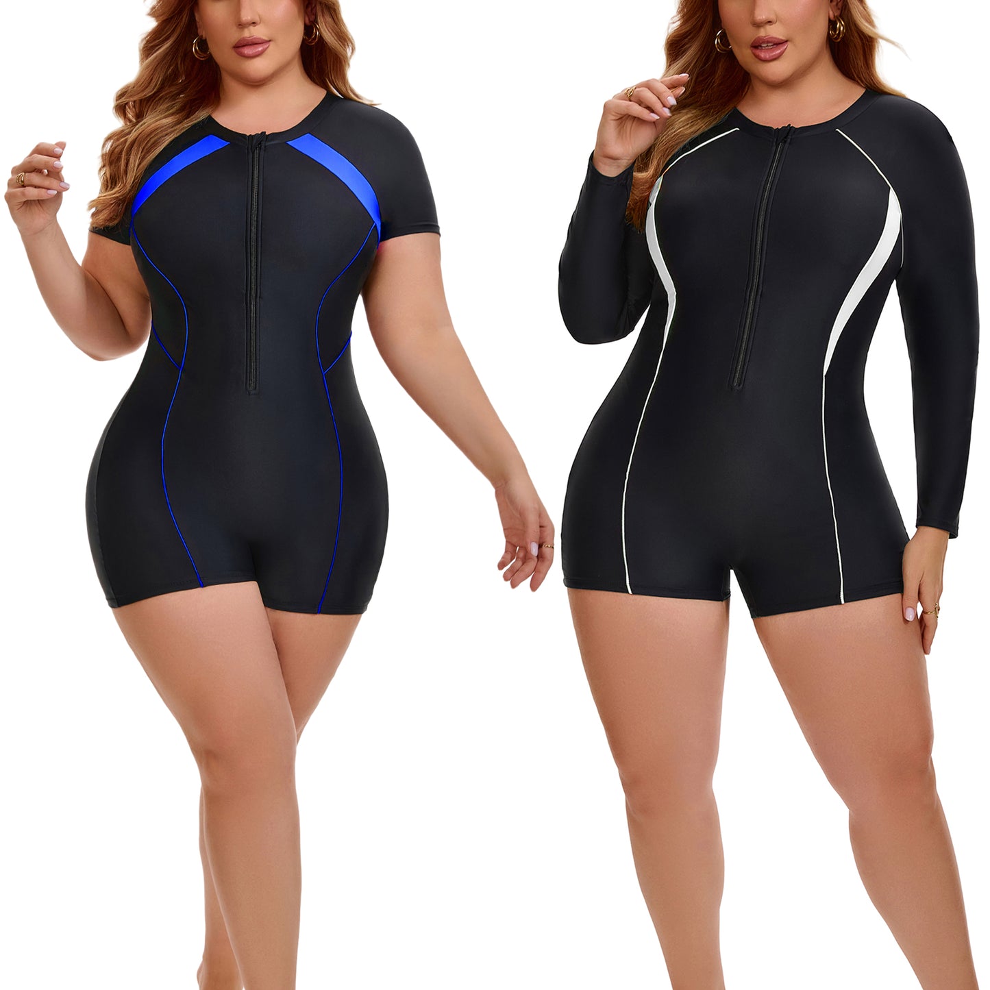 [PACK SALES] Women's Plus Size 2 Pieces Surfing Swimwear Half Zipper Front Rash Guard Beach Swimsuits