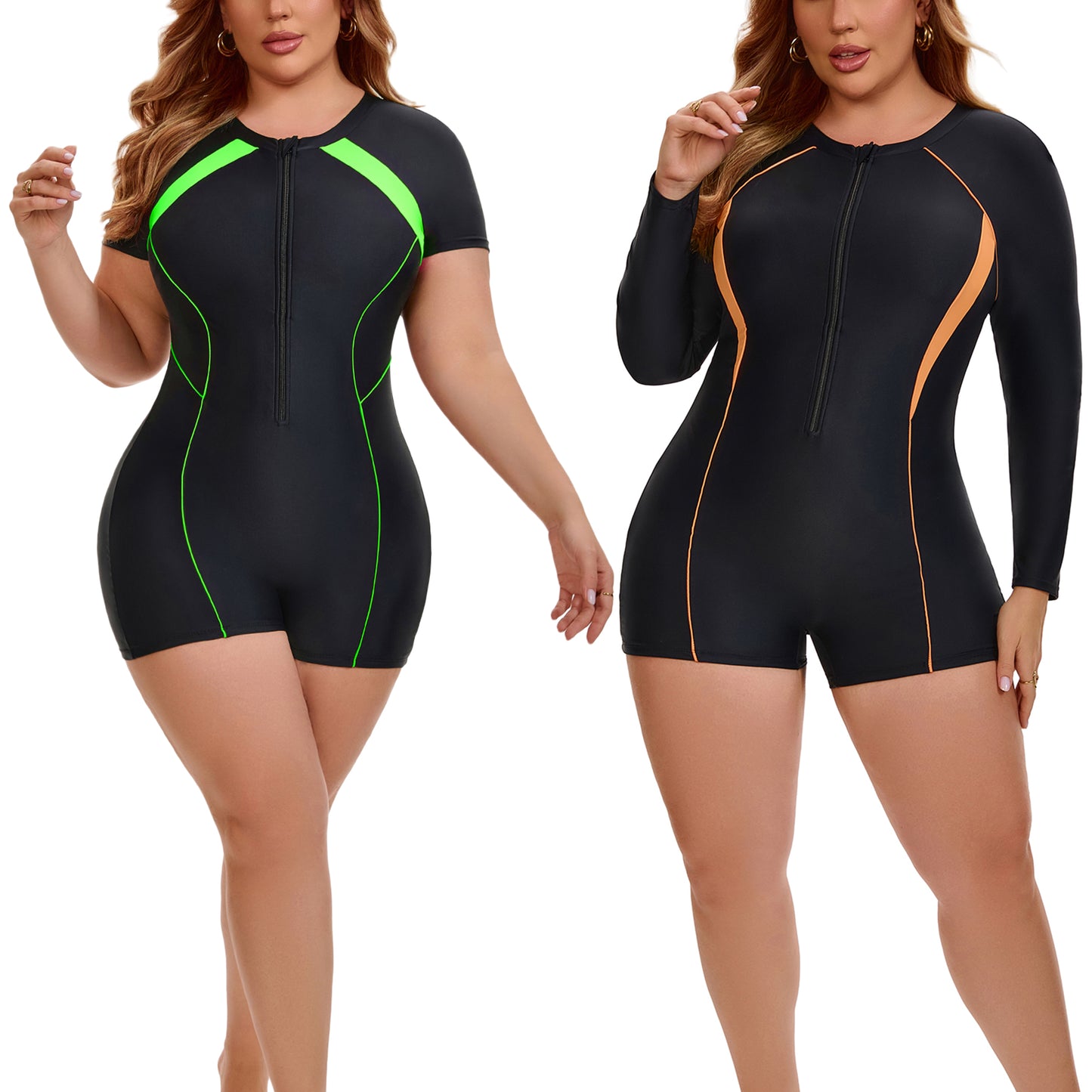 [PACK SALES] Women's Plus Size 2 Pieces Surfing Swimwear Half Zipper Front Rash Guard Beach Swimsuits