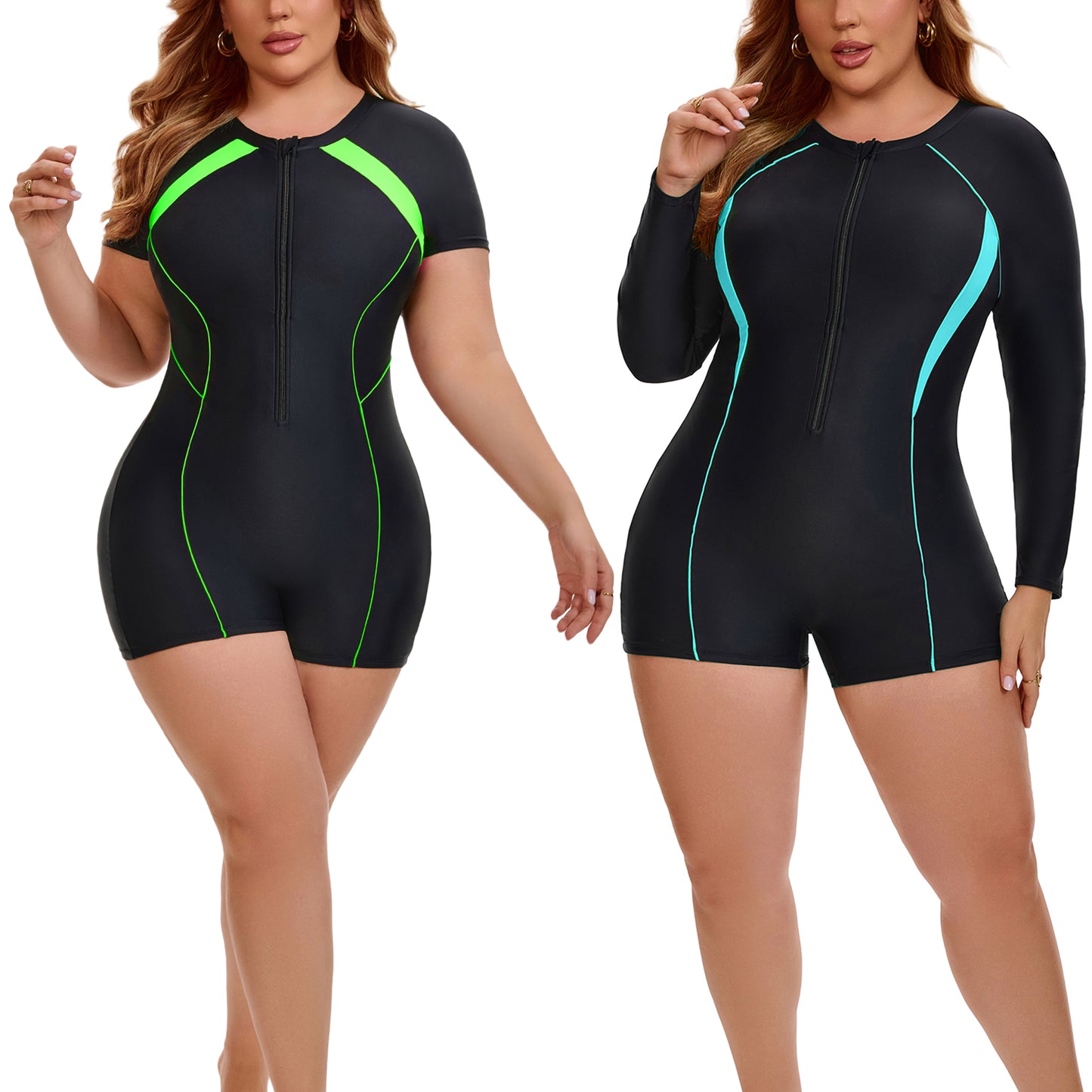 [PACK SALES] Women's Plus Size 2 Pieces Surfing Swimwear Half Zipper Front Rash Guard Beach Swimsuits