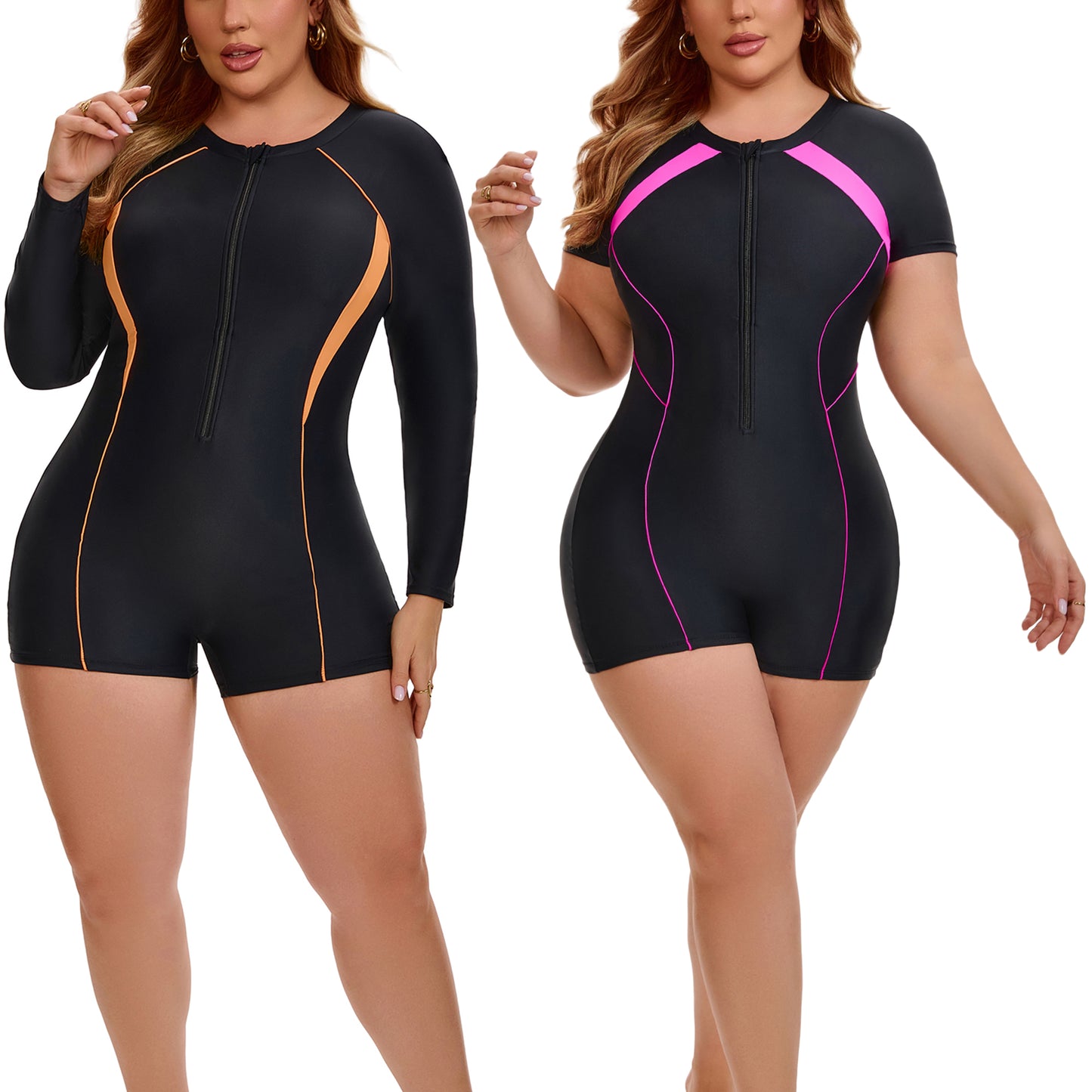 [PACK SALES] Women's Plus Size 2 Pieces Surfing Swimwear Half Zipper Front Rash Guard Beach Swimsuits