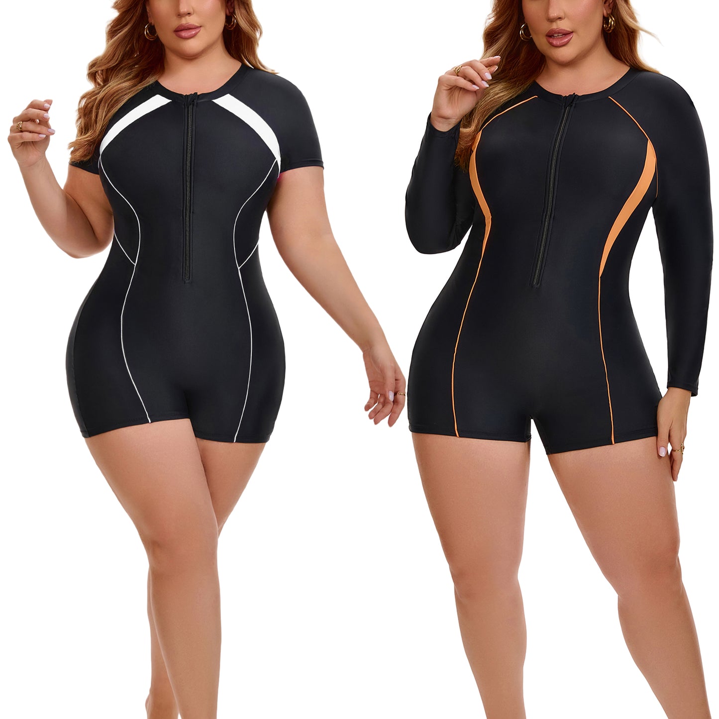 [PACK SALES] Women's Plus Size 2 Pieces Surfing Swimwear Half Zipper Front Rash Guard Beach Swimsuits