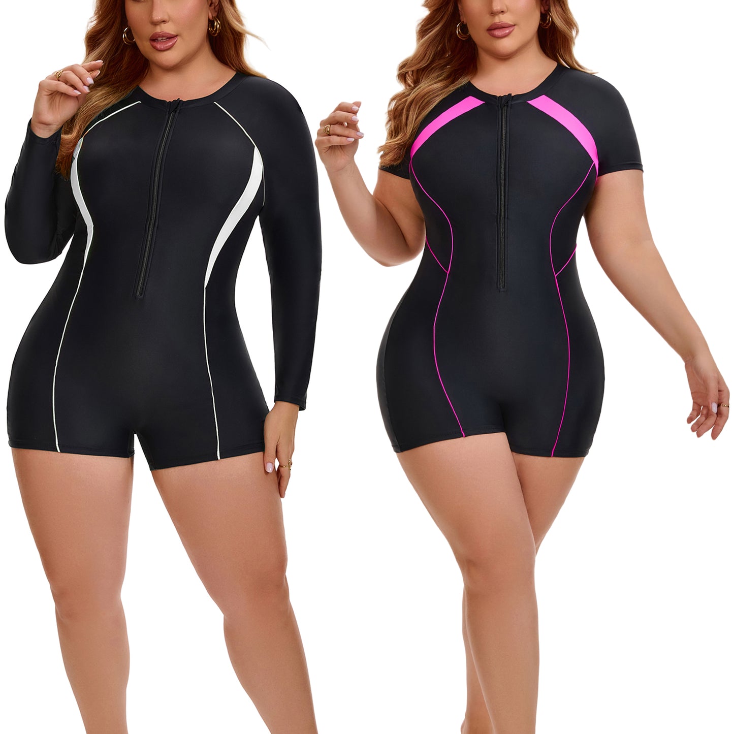 [PACK SALES] Women's Plus Size 2 Pieces Surfing Swimwear Half Zipper Front Rash Guard Beach Swimsuits