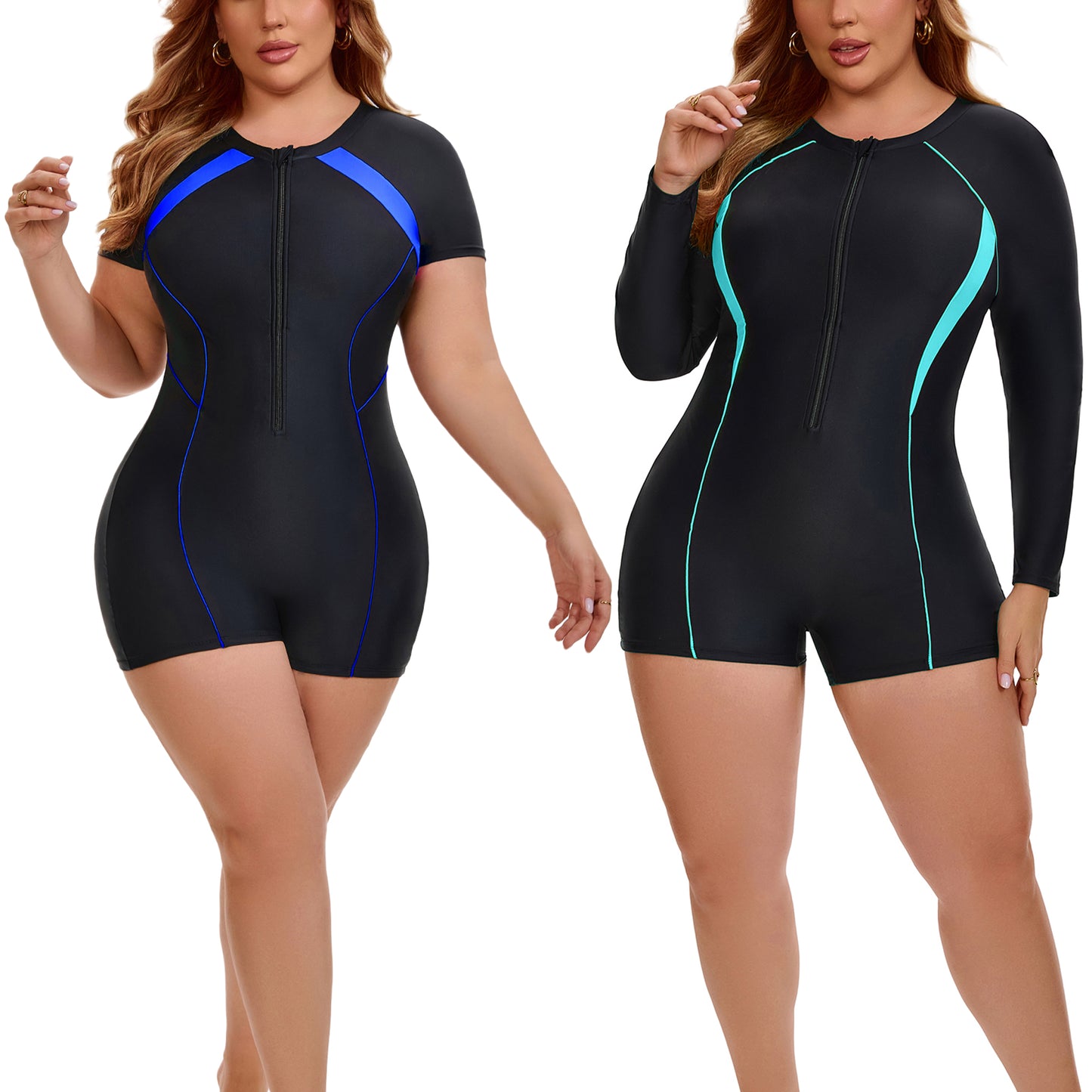 [PACK SALES] Women's Plus Size 2 Pieces Surfing Swimwear Half Zipper Front Rash Guard Beach Swimsuits