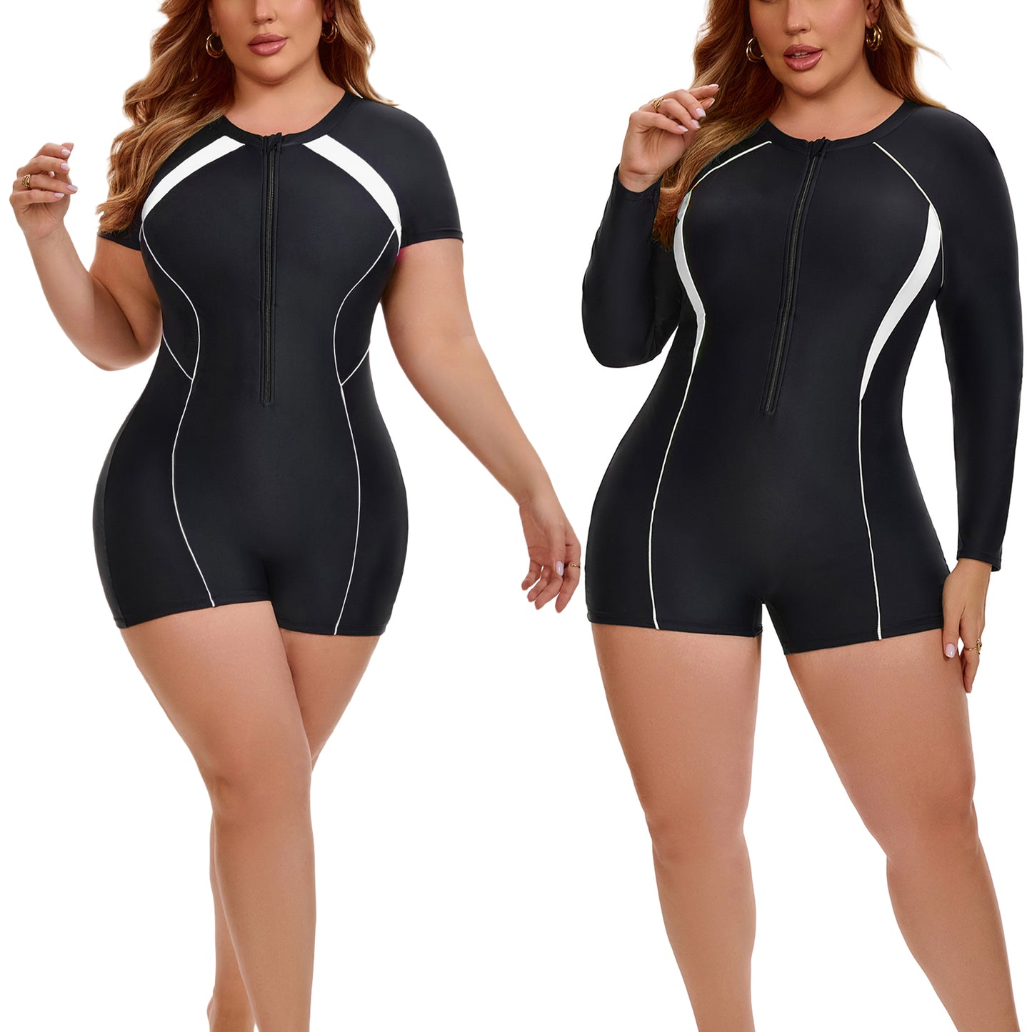[PACK SALES] Women's Plus Size 2 Pieces Surfing Swimwear Half Zipper Front Rash Guard Beach Swimsuits