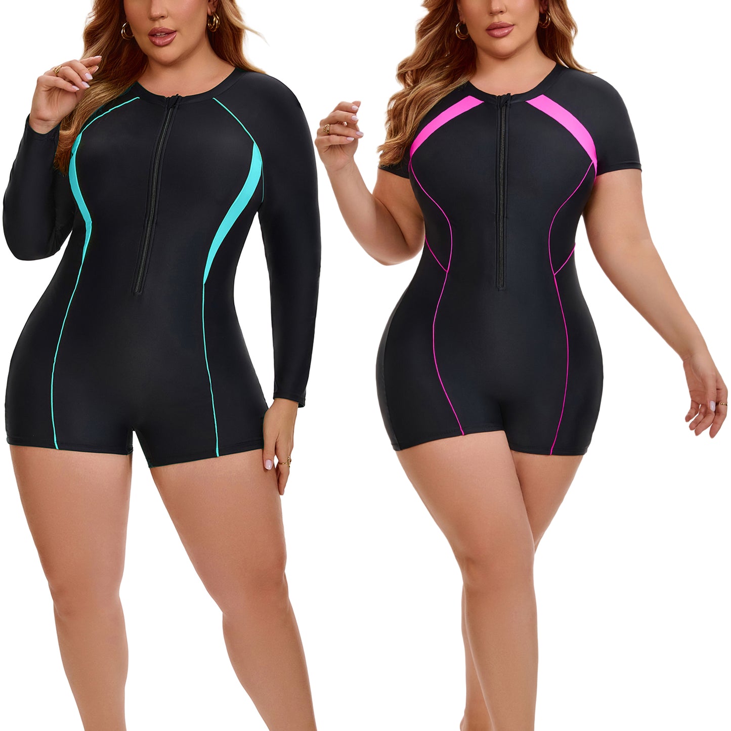 [PACK SALES] Women's Plus Size 2 Pieces Surfing Swimwear Half Zipper Front Rash Guard Beach Swimsuits