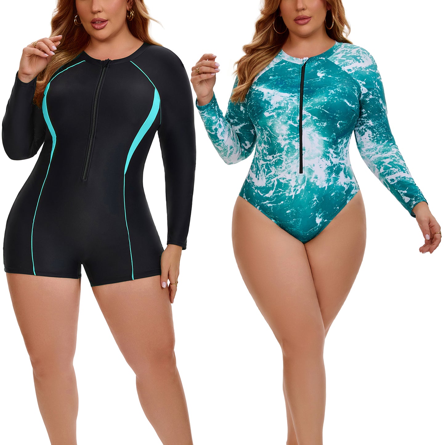 [PACK SALES] Women's Plus Size 2 Pieces Long Sleeve Surfing Bathing Suit Zip Front Rash Guard Beach Vacation Full Coverage One-Piece Swimsuits
