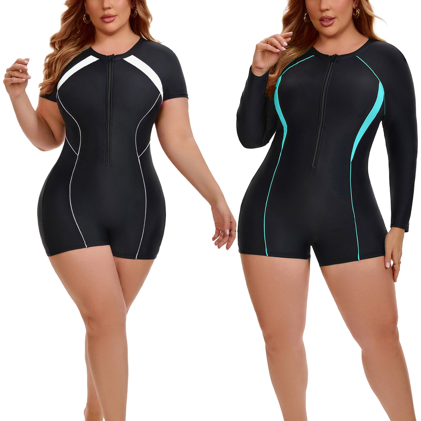[PACK SALES] Women's Plus Size 2 Pieces Surfing Swimwear Half Zipper Front Rash Guard Beach Swimsuits