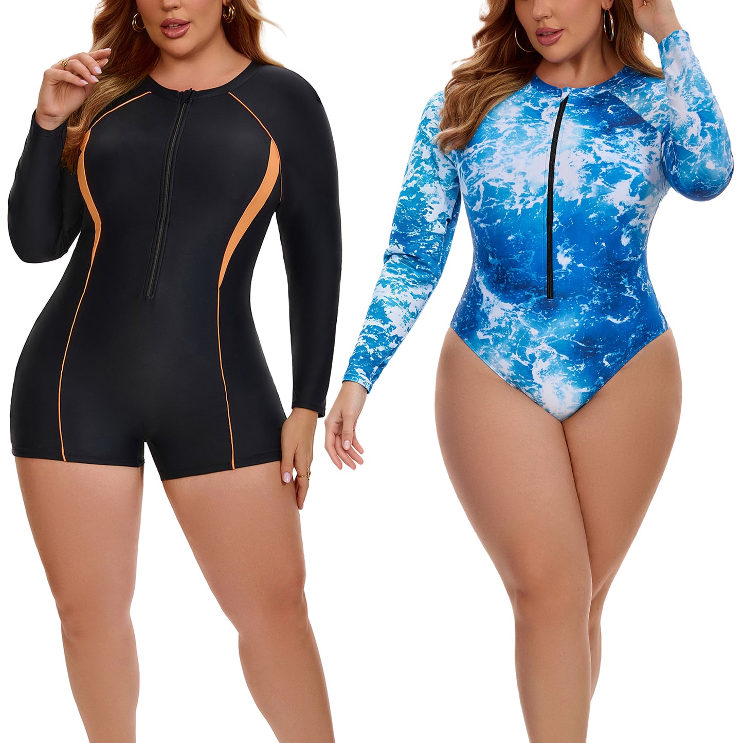 [PACK SALES] Women's Plus Size 2 Pieces Long Sleeve Surfing Bathing Suit Zip Front Rash Guard Beach Vacation Full Coverage One-Piece Swimsuits
