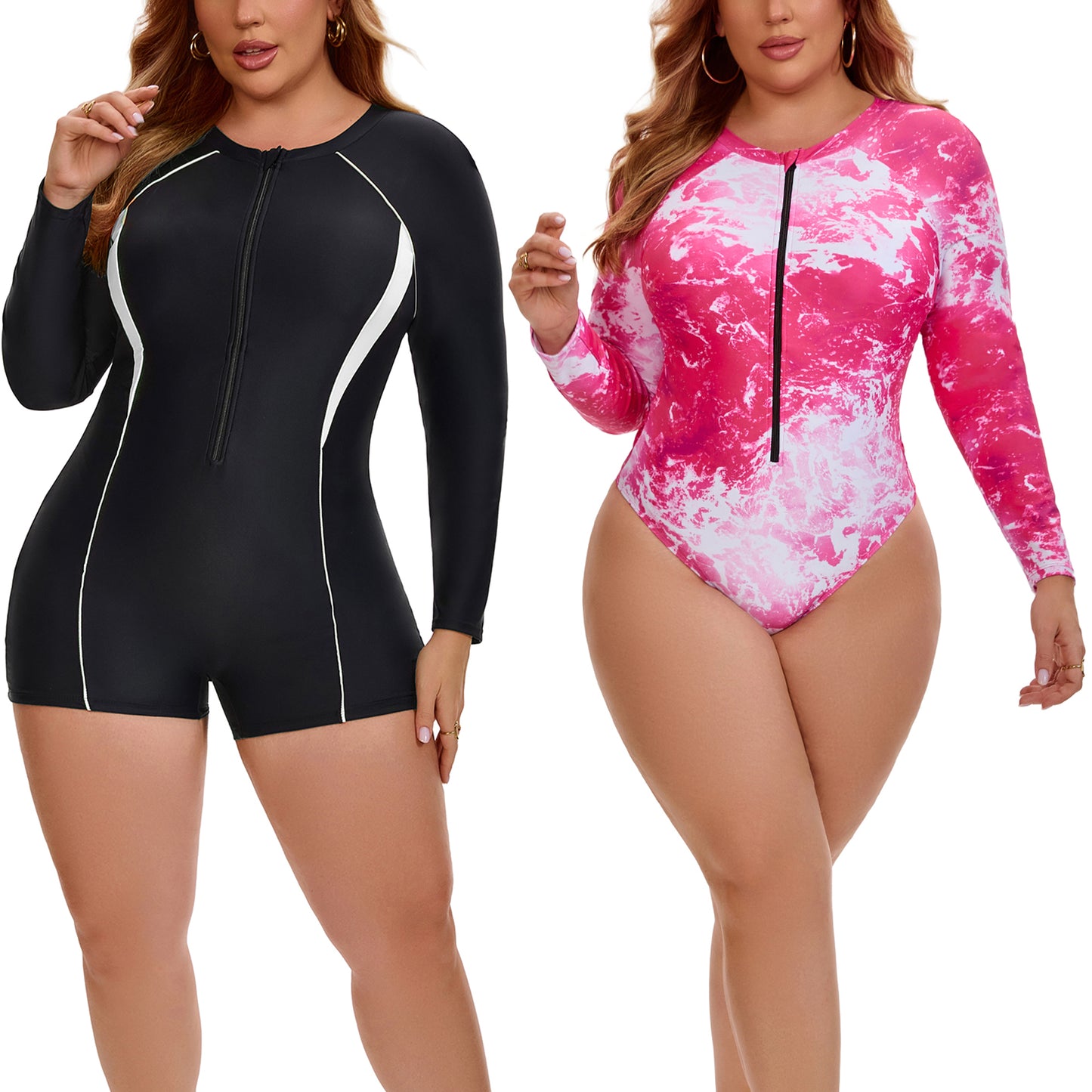 [PACK SALES] Women's Plus Size 2 Pieces Long Sleeve Surfing Bathing Suit Zip Front Rash Guard Beach Vacation Full Coverage One-Piece Swimsuits
