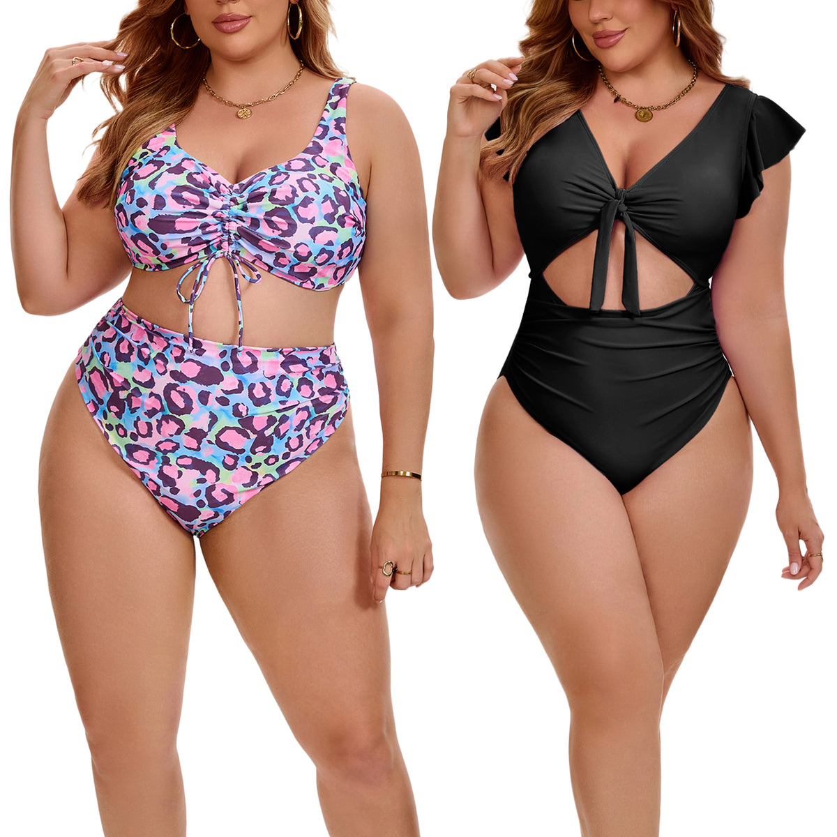 [PACK SALES] Women's Plus Size 2 Sets Bikini Drawstring Twist Front Push Up High Waisted Shirring Vacation Beach Swimsuit Set