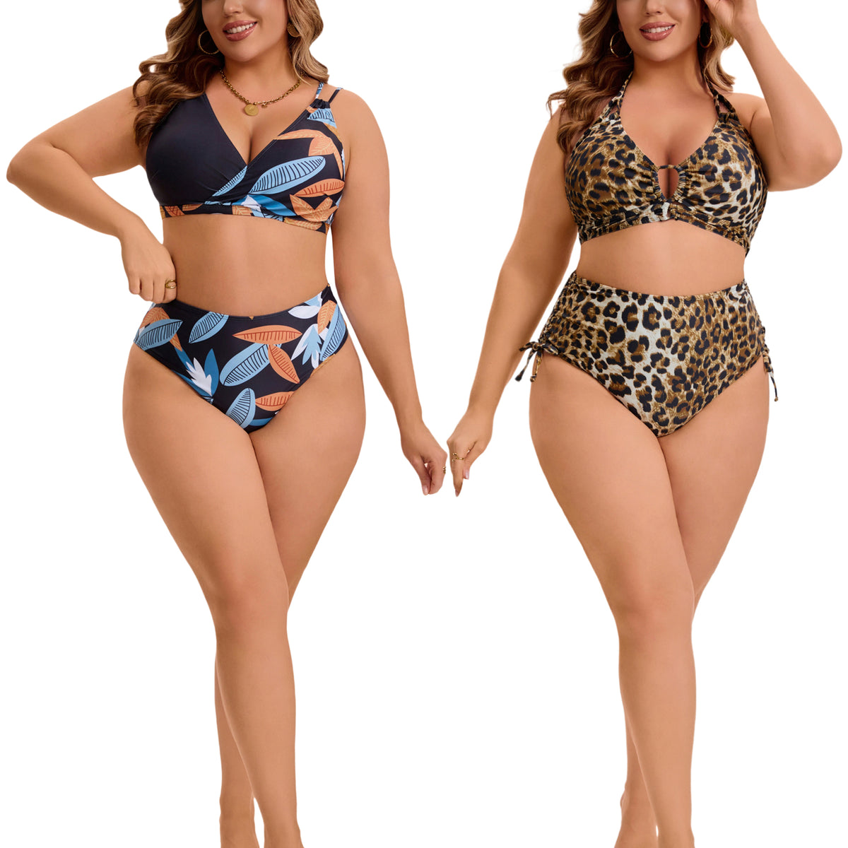 [PACK SALES] Women's Plus Size Two Sets Bikini Sets Halter Back Self Tie Curvy Cutout String Beach Pool Bathing Suit Swimsuit