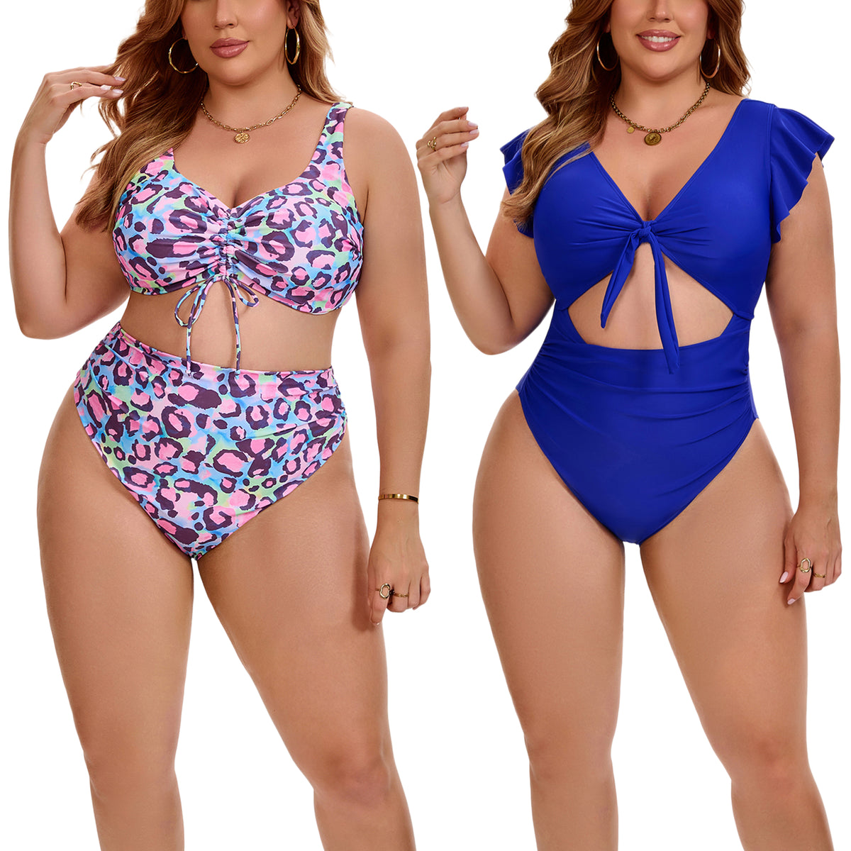 [PACK SALES] Women's Plus Size 2 Sets Bikini Drawstring Twist Front Push Up High Waisted Shirring Vacation Beach Swimsuit Set